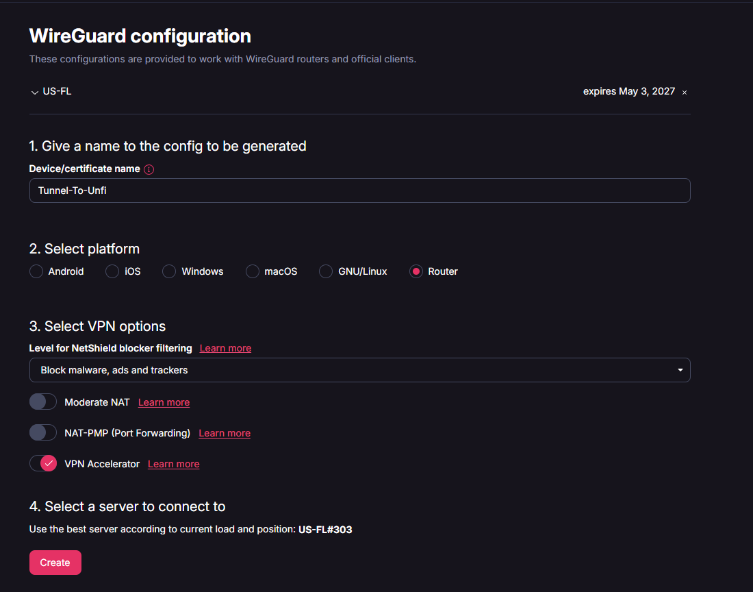Pantalla de WireGuard configuration en Proton VPN con plataforma Router seleccionada
