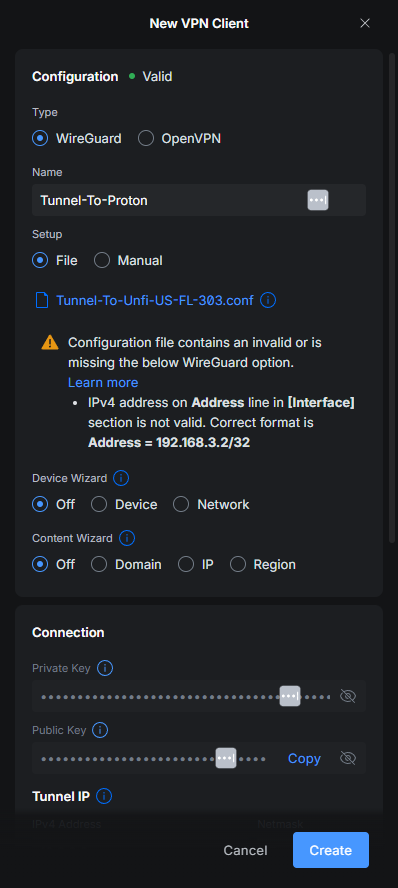 Pantalla de New VPN Client en UniFi OS con el archivo .conf de Proton VPN importado