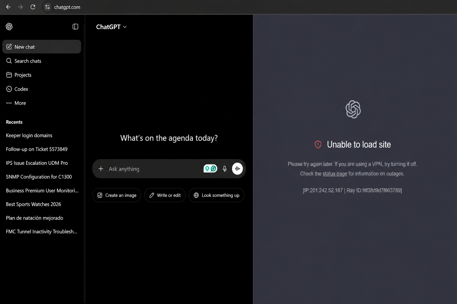 Comparación: ChatGPT bloqueado sin VPN vs ChatGPT cargando con el túnel activo